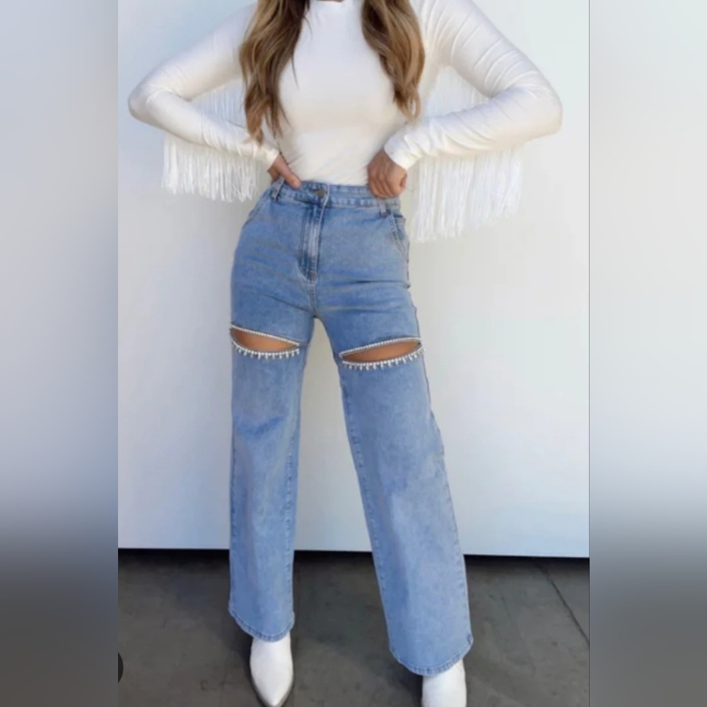 #59585 🛑S, L FABULOUS Cut Out Front Rhinestone Washed Denim Jeans - Picture 12 of 16